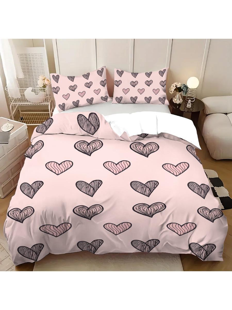

3Pcs Pink Love Printed Coreless Product Set For Bedrooms, Dormitories, Multiple Sizes, Soft And Comfortable, Machine Washable 135x200cm-EU-Single&set
