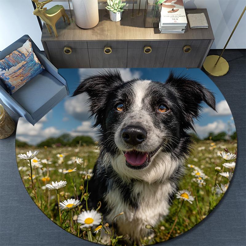 Happy Border Collie Round Area Rug,Carpet Rug for Living Room Bedroom Sofa Playroom Decor,Non-slip Floor Mat
