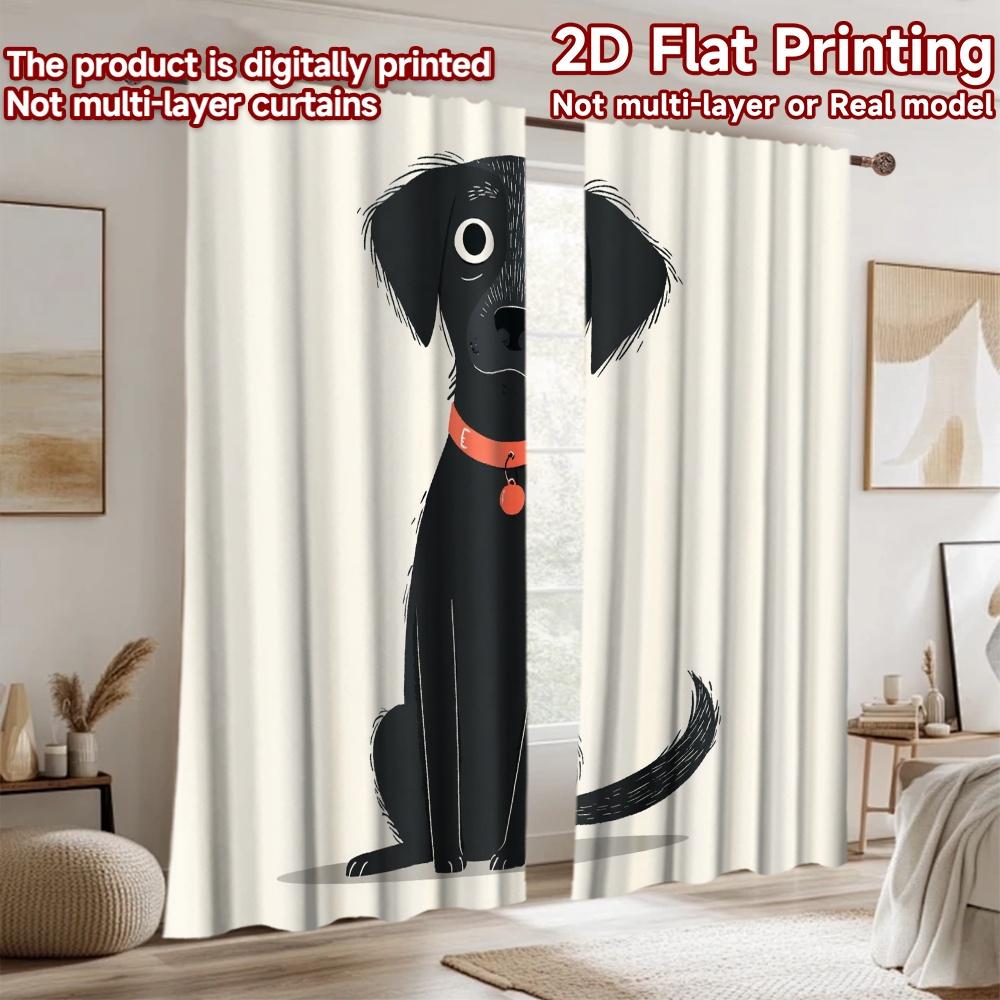2D Flat Printing 2pcs Party Curtain Cute Black Lab Puppy Digital Printed Polyester Drapes Festive Holiday for Photo Booths