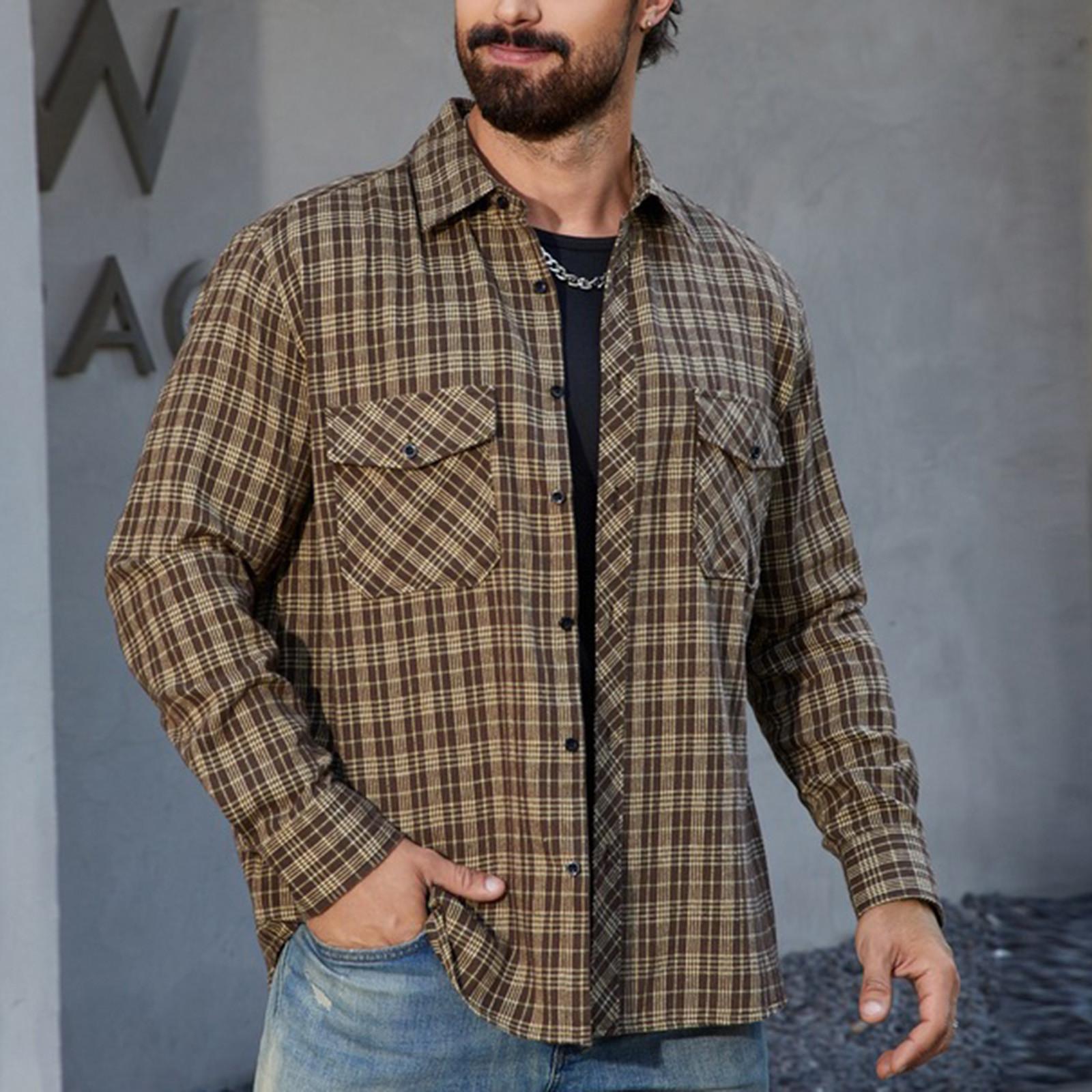 

Men s Casual Fashion Plaid Long Sleeve Shirt Men s Pocket Button Shirt XL жёлтый