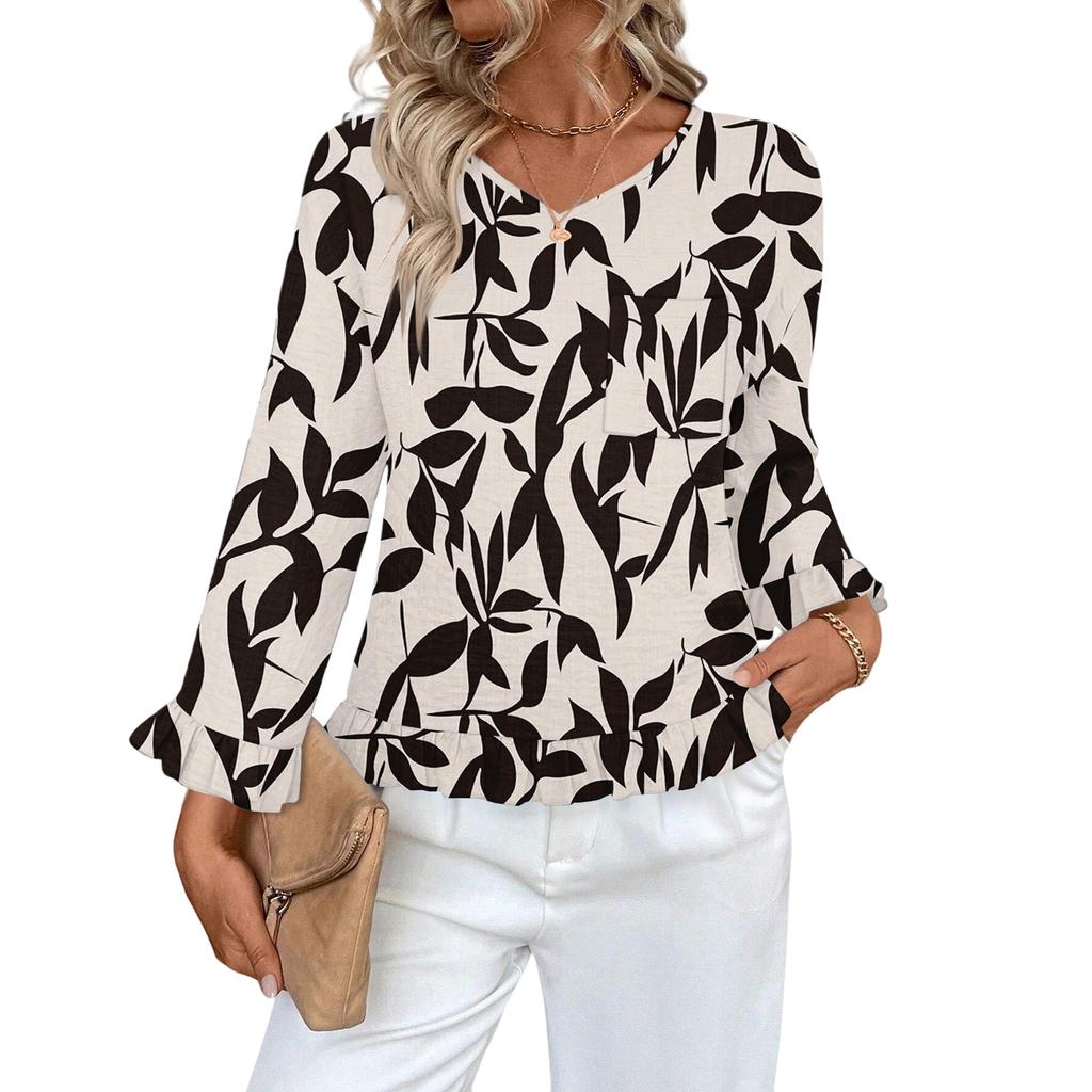 Dámský ležérní módní top s volánky, výstřihem do V, potiskem a dlouhým rukávem