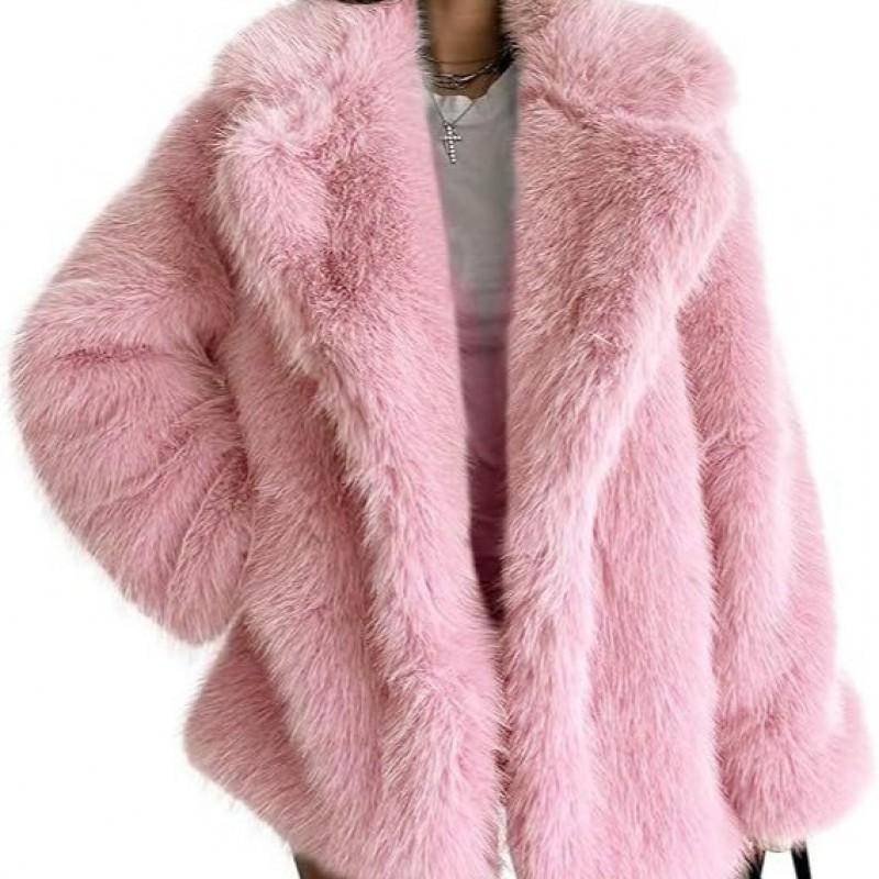 Womens Mid-Length Faux Fur Coat Blazer Collar Thick Warm Winter Outerwear
