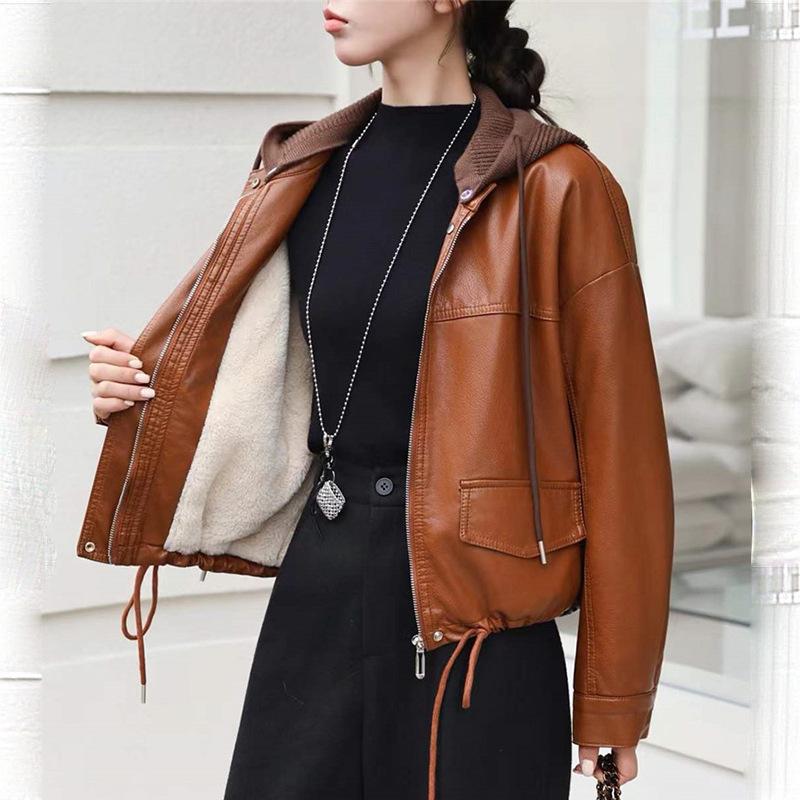 Fleece Leather Jacket Women`S Short Autumn