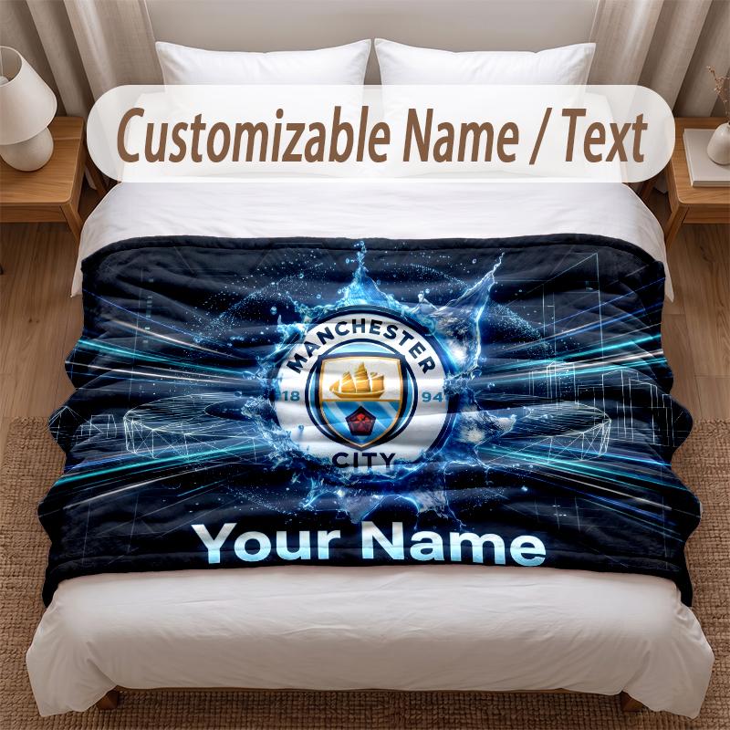 Manchester City Printed Flannel Blanket Custom Name Text Soft Warm Throw For Bedroom Holiday Gift