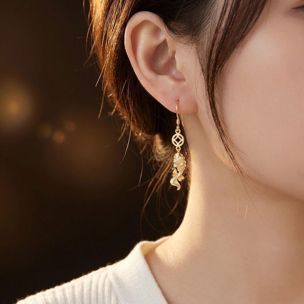 

S925 Silver Versatile Lucky Coin Koi Ear Hook Fashion Temperament Earrings Light Luxury Earrings