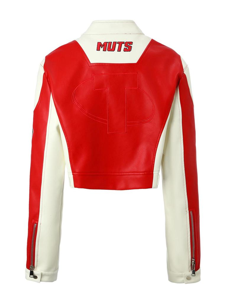 Damen PU-Leder Colorblock Motorradjacke mit gesticktem Abzeichen und Stehkragen