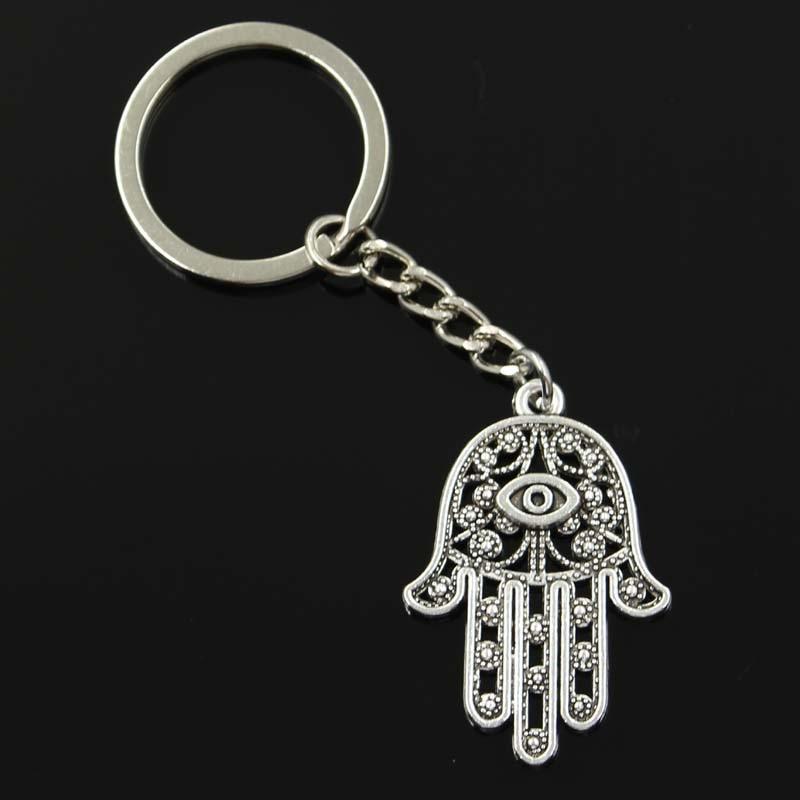 New Fashion Men 30mm Keychain DIY Metal Holder Chain Vintage Death Eye Hamsa Palm Fatima Hand 36x25mm Silver Color Pendant Gift