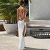 2025 Encubrimiento Tejido Playa Sexy Transparente Vestido Largo con Abertura Delgada Verano Encubrimiento Bikini Elegante Cuello Halter Falda de Playa