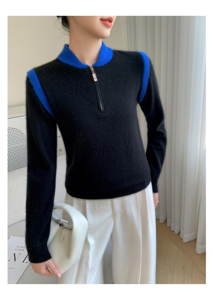 New Style Women's Half-Zip Color-Block Cashmere Sweater - Autumn/Winter Slimming Knit Double-Layer Collar Top