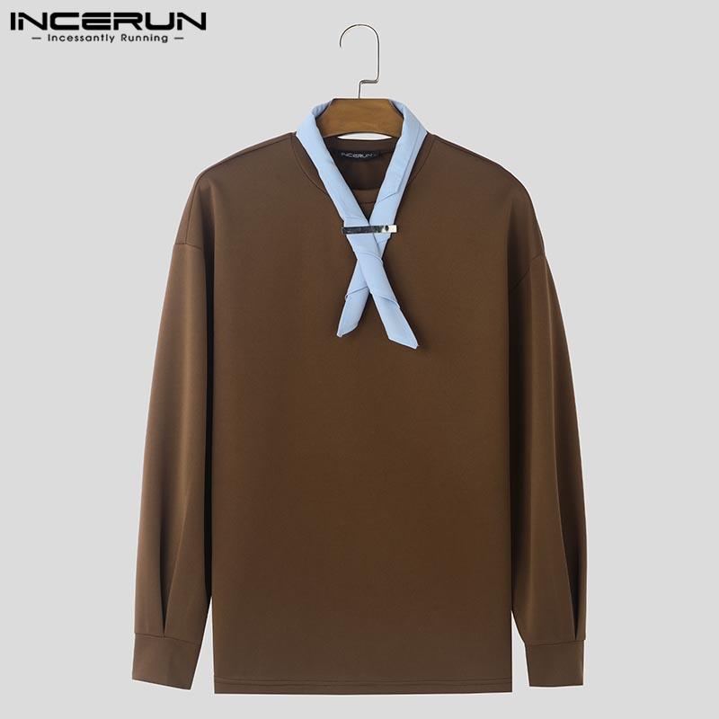 INCERUN Men O Neck Tie Up Long Sleeve Casual Loose Pullovers Oversized Sweatshirts