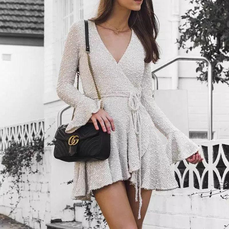 

New Women s Mini Dress, Deep V Long Sleeve Lace-Up Dress XL белый