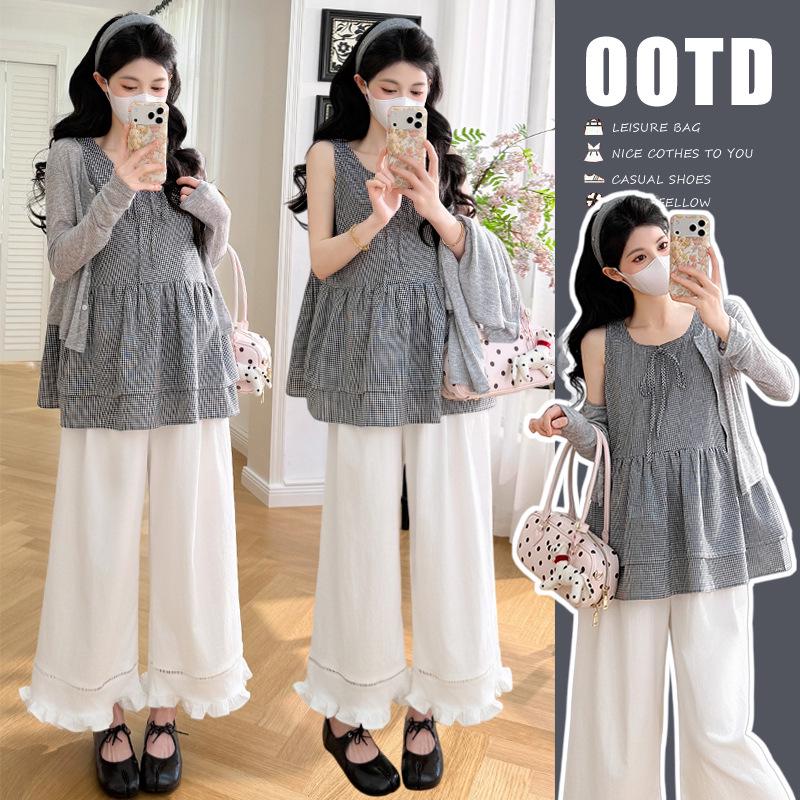 2026 Summer Maternity Three-Piece Set: Long-Sleeve Cardigan, Plaid Vest, and Adjustable Pants XL
