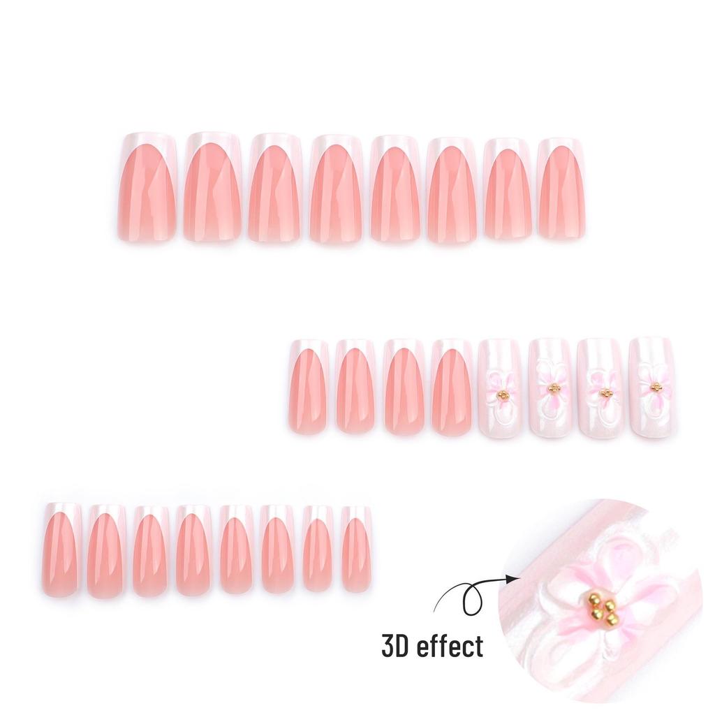 French White 3D Flower Medium-Long Square Wearable Nail Tips