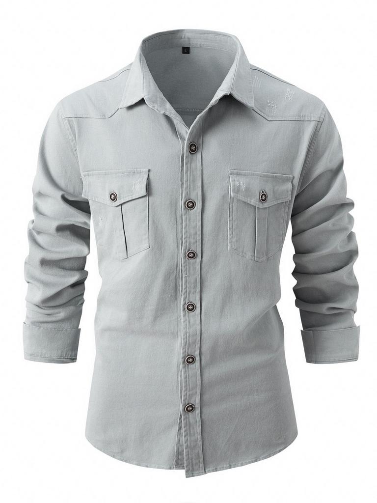 European Style Men's Washed Stretch Cotton Business Casual Long Sleeve Shirt