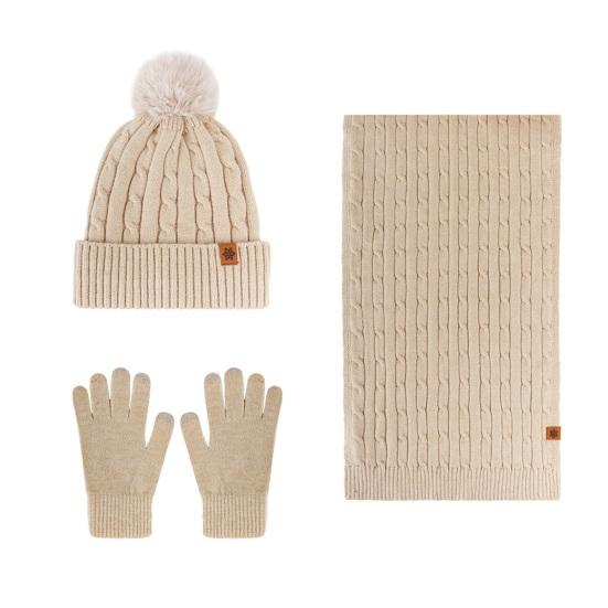 3Pcs/Set Women Hat Scarf Gloves Set Solid Color Twist Texture Thermal Lining Pompon Design Knitting Hat Long Scarf Gloves Set