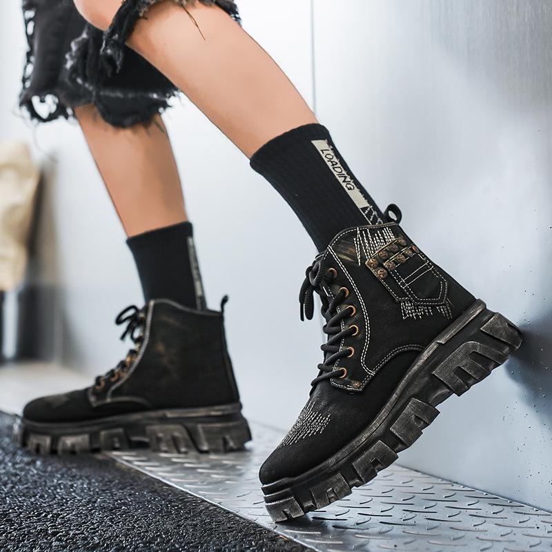 Denim Surface Breathable High-Top Men'S Boots Retro Thick-Soled Heightening Outdoor Sports Martin Boots