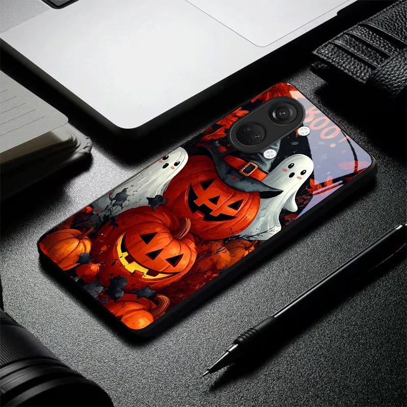Halloween Boo Pumpkin Black Glass Phone Case For OnePlus 6 6T 7 7T 8 8T 9 10 Pro 11R 12R 13R Nord CE 2T 2 3 Lite N20 N30 Cover