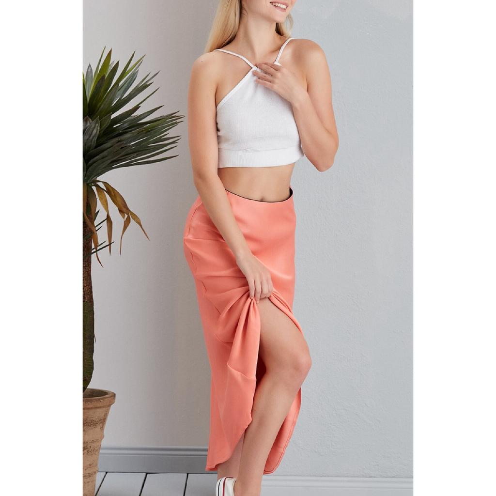 Leopard Pattern Satin Midi Length Brown Skirt