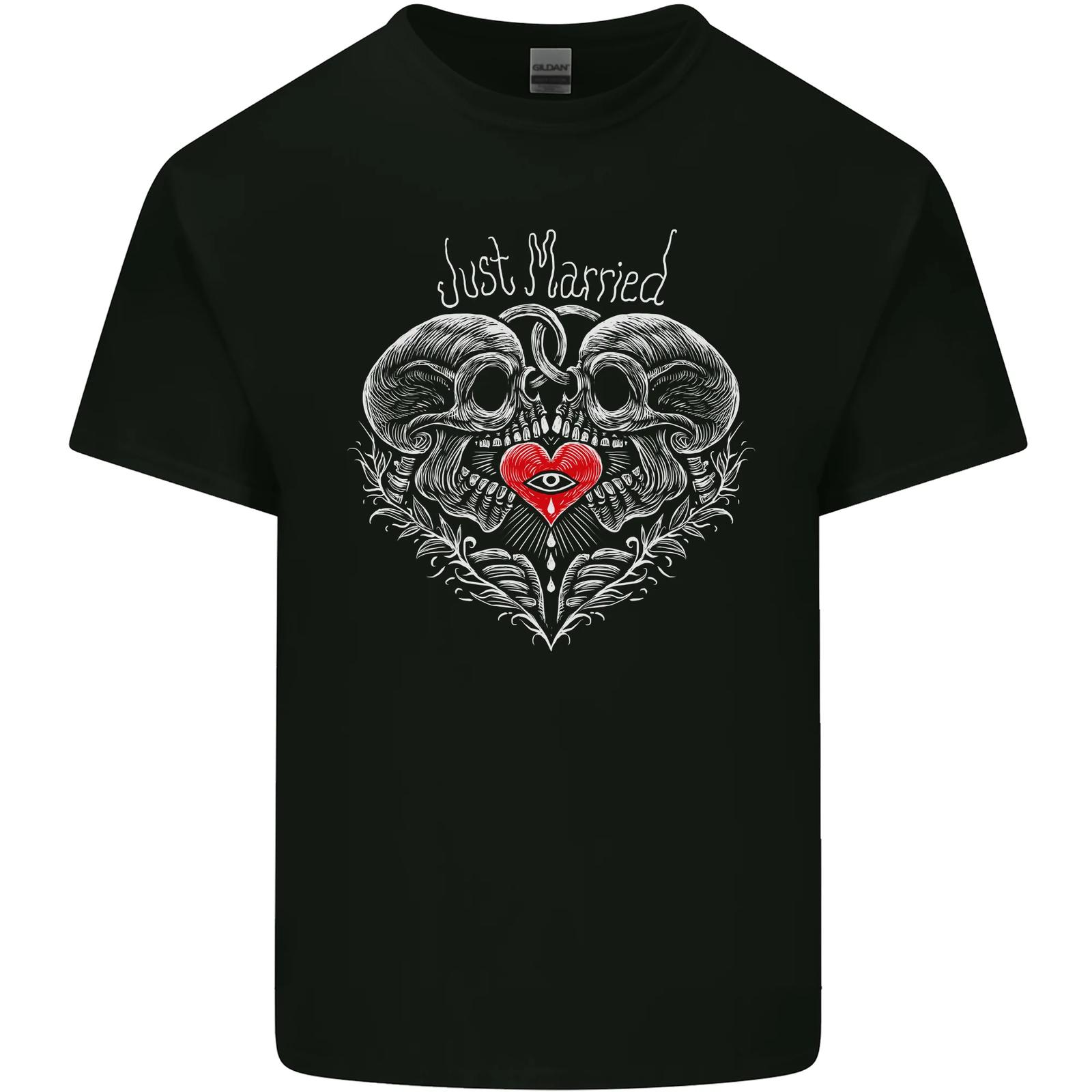 Just Married Skulls Gothic Wedding Gothic Cotton Men s T-Shirt- XXXL