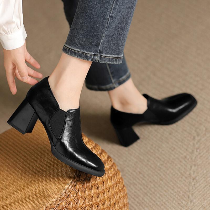 Fashion NEW Spring/Autumn Women Pumps Square Toe Chunky Heel Shoes Split Leather Shoes for Women Concise Slip-on Handmade Women Shoes