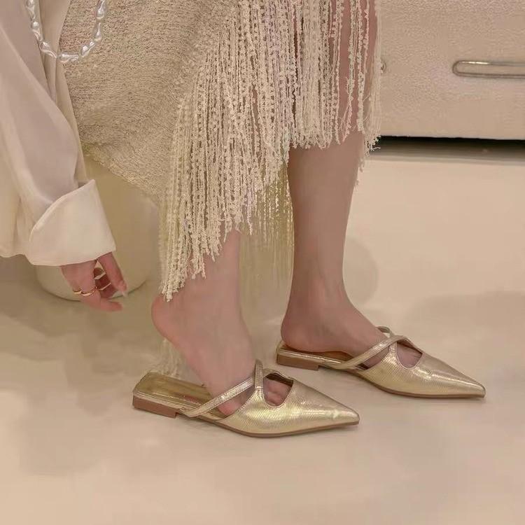 

2025 летние новые туфли Muller с острым носком и плоским дном женские европейский и американский модный дизайн тапочки с перекрестными ремешками 40 золотой