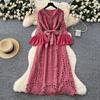 France Vintage Hollow Out Evening Dress Women Sashes V-Neck Flare Sleeve Crochet Elegant Dress Female Casual Chic Clothing