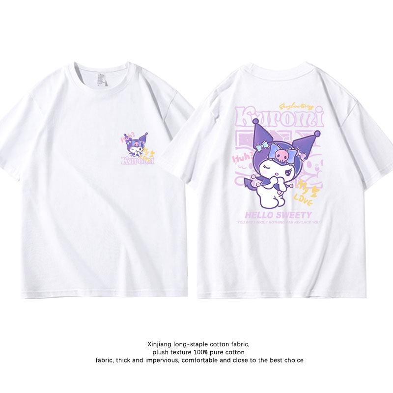 Summer New Sanrio Kuromi Pure Cotton Childrens Tshirt White Doublesided Printed Fashionable Round Neck Parentchild Tshirt