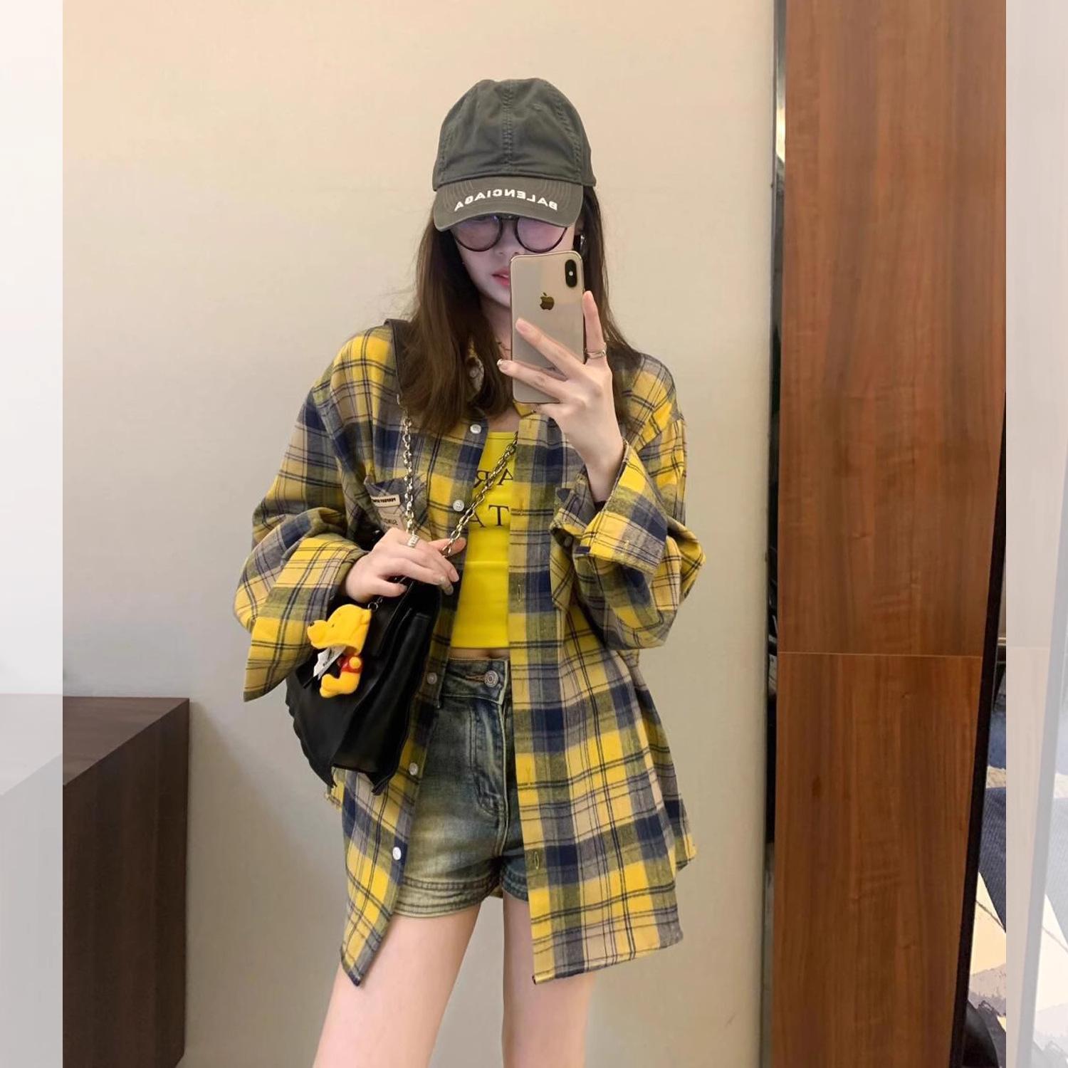 

2024 Осень Женская Универсальная Куртка Яично-Желтая Клетчатая Лоскутная с Длинным Рукавом S