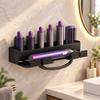 Adhesive-Mounted Hair Dryer and Curling Iron Holder with Open Wall Storage and Front Cord Retainers for Dressing Spaces