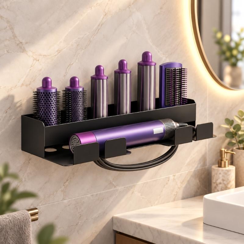 Adhesive-Mounted Hair Dryer and Curling Iron Holder with Open Wall Storage and Front Cord Retainers for Dressing Spaces