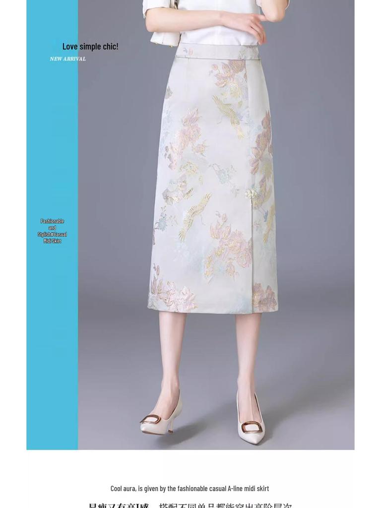 Spring 2025 Gold Silk Jacquard Midi Skirt: Chinese Style Bodycon for Women