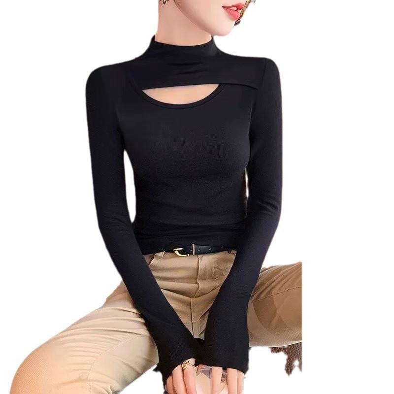 Black semi-turtleneck hollow t-shirt bottoming shirt women's autumn and winter design sense temperament slim and thin versatile long-sleeved top