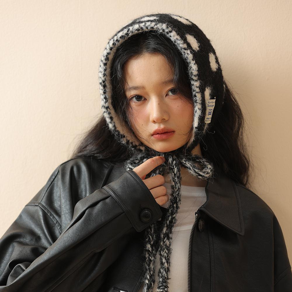 Red polka dot contrasting color knitted ear protection headscarf women's autumn and winter new student warm versatile hat