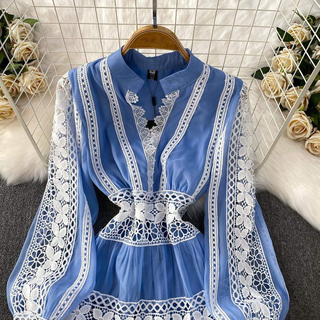 Vestidos de Noite de Baile de Outono de Designer de Luxo Vazados Bordados Para Mulheres Renda Patchwork Decote em V Manga Longa Lanterna Maxi Robe