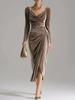 Velvet Long Sleeve Slim Pleated Slit Dress