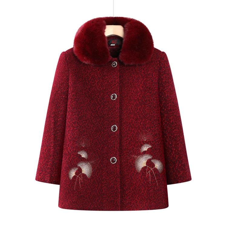 Grandma Woolen Coat Middle-aged and Elderly Women's Winter Clothes Mink Fur Collar Plus Velvet Thickened Warm Clothes Mother Woolen Coat