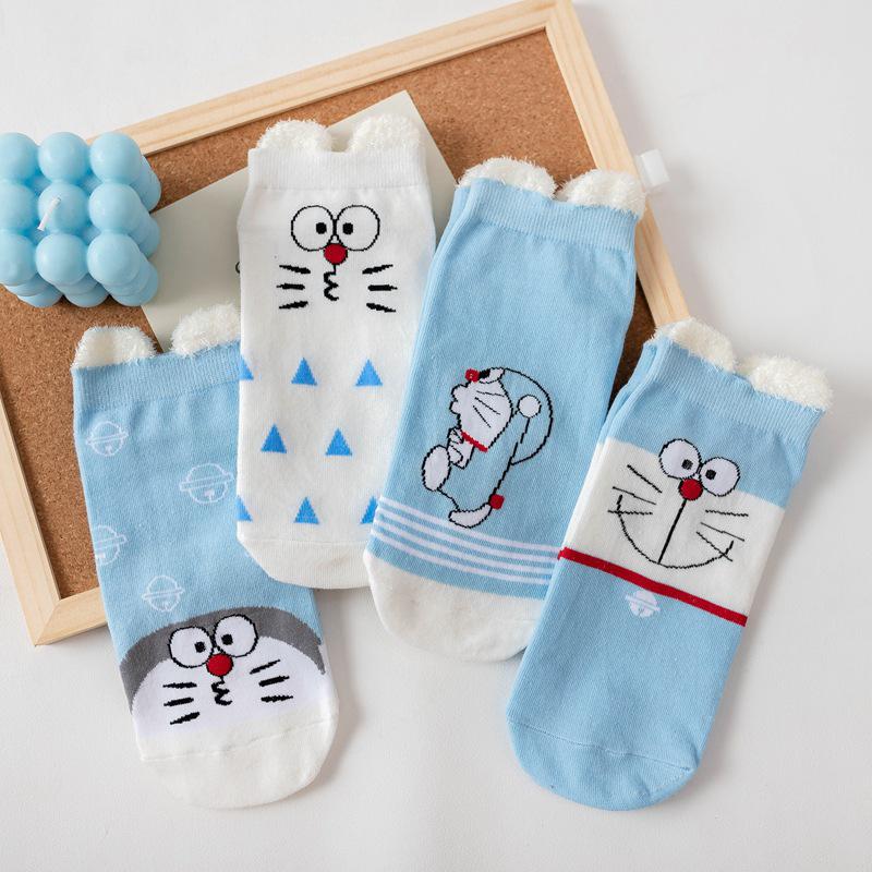 Women's Blue Fat Cat Cartoon Socks – Cute 3D Ears, Feather Yarn, All Cotton, Low-Cut Boat Style