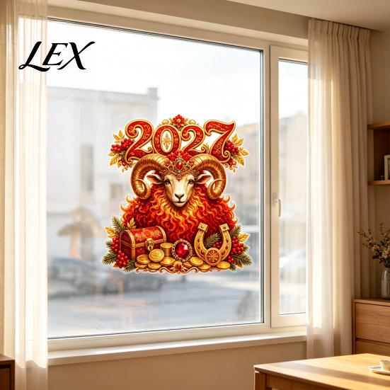 Chinese New Year Glass Stickers 2027 Window Cling, Red And Gold Zodiac Sheep Static Decals Lunar Clings for Doors, Non-adhesive Reusable Sticker Home