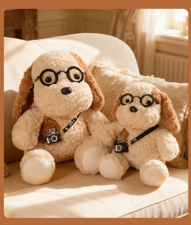 Adorable Egg Tart Camera Plush Dog Doll with Cute Glasses - Healing Companion Toy