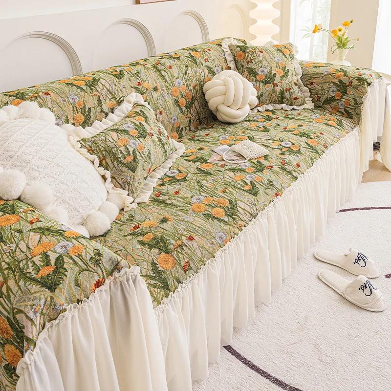 

Pastoral Style Cotton and Linen Sofa Blanket Small Flowers Sofa Cover with Skirts Anti-slip Sofas Towel Beds Blankets Funda Sofa 180x130cm S