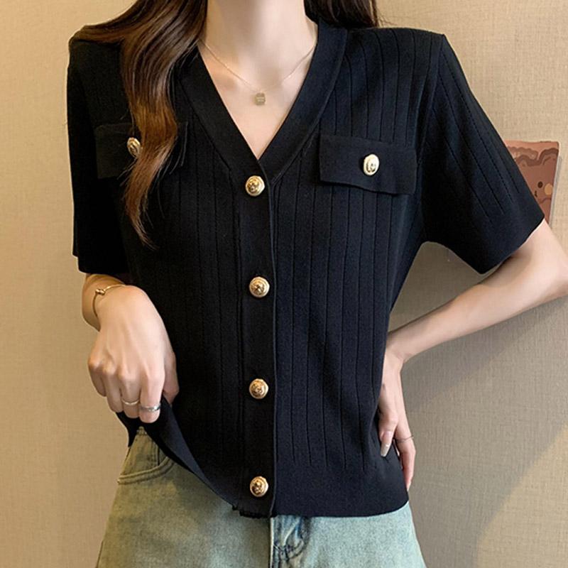 Women Sweaters Cardigans 2025 Summer Short Sleeve V-Neck White Knitted Black Sweater Women Tops Cardigan JJ237