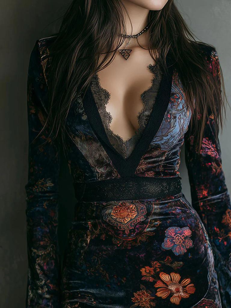 Women's Chinese Style Retro Fashion Elegant Velvet Printed Ruched Slimming Cheongsam Dress