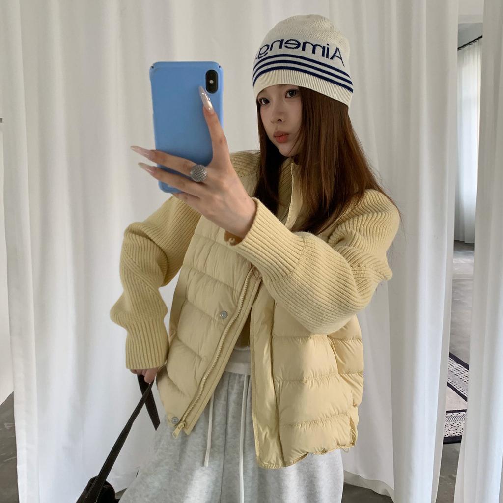 Knitted splicing stand-up collar down jacket women's winter short white duck down small fashionable loose warm jacket