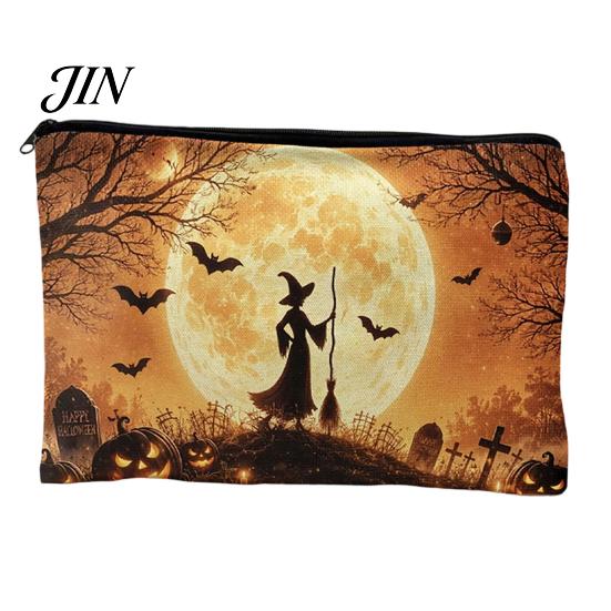 Witch Pumpkin Pattern Bag Storage Bag, with Smooth Zipper, Thickened Polyester Large Capacity Cosmetic Halloween Printed Pouch Reusable