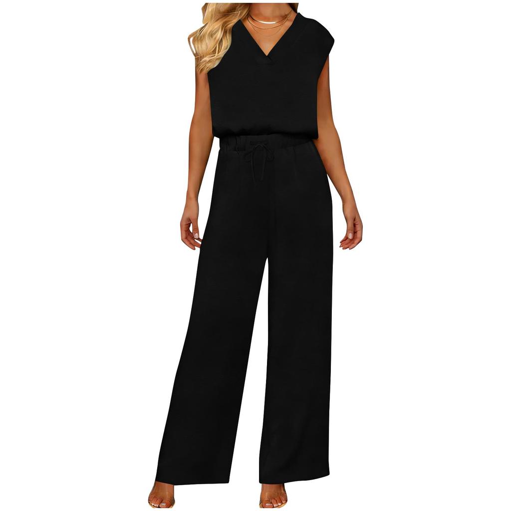 Women Sleeveless V Neck Jumpsuit with Adjustable Waist and Wide Leg Design for Comfortable All Day Wear