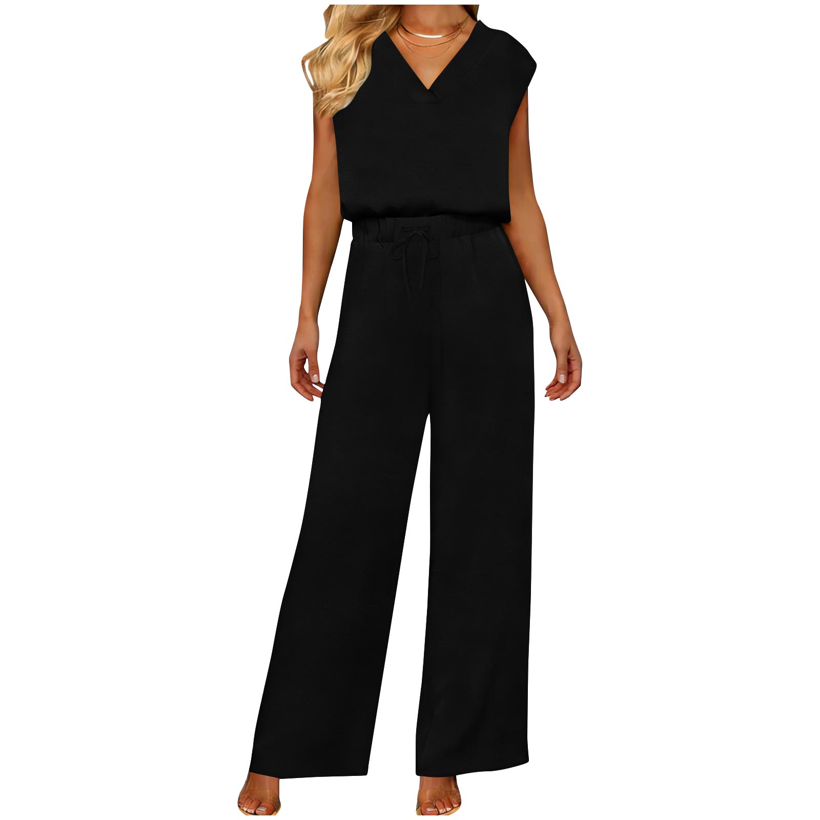 

Women s Fashionable, Casual And Comfortable Plain V-neck Tank Top And Trousers Two-Piece Set M чёрный