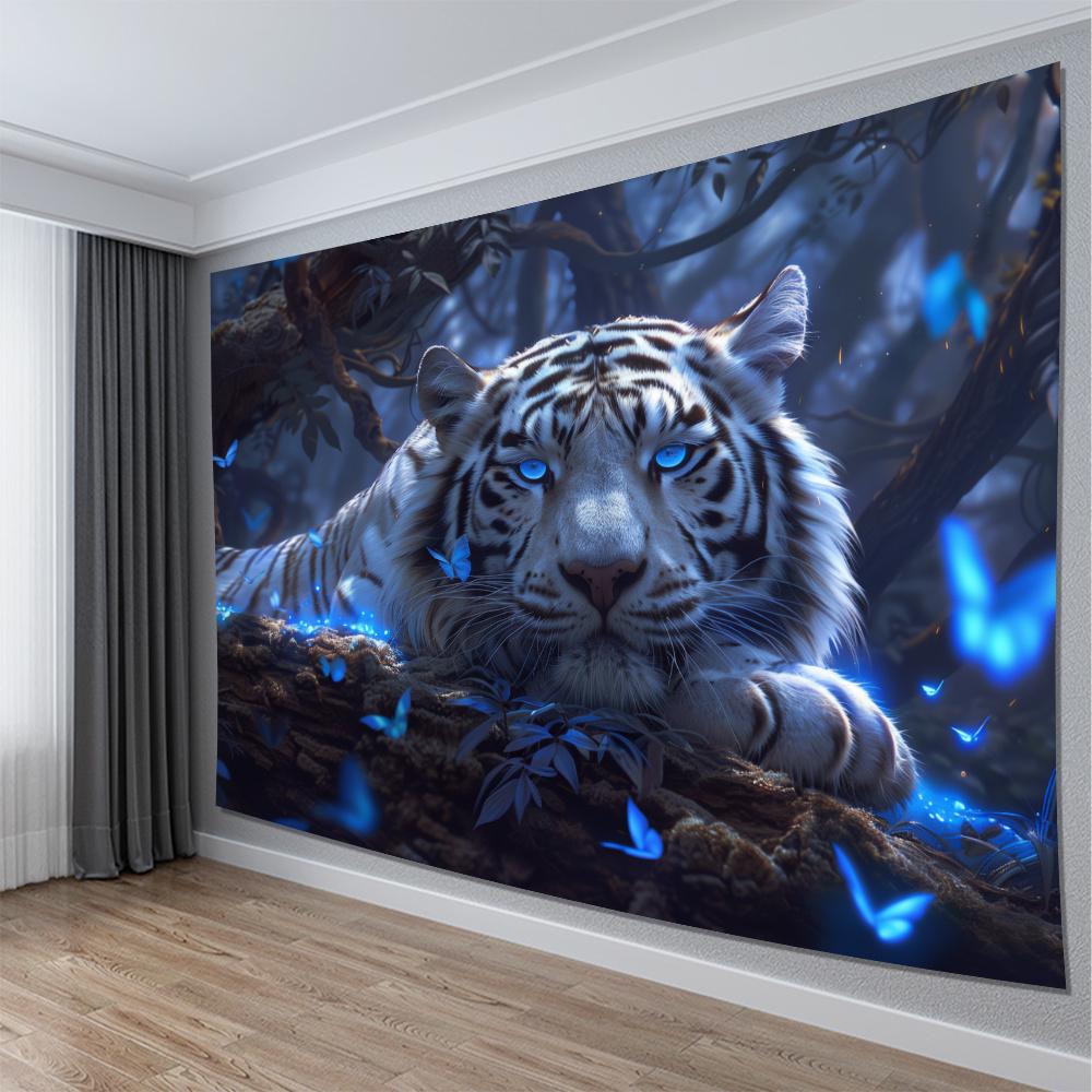 Mystical White Tiger Tapestry: Luminescent Eyes And Blue Butterflies In A Serene Forest Setting