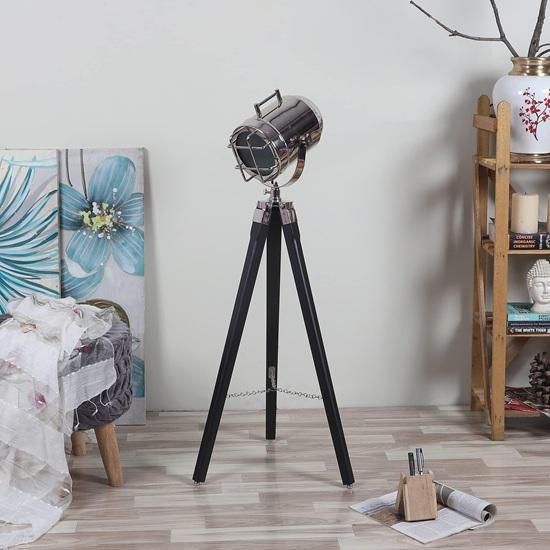 93.98 Cm Black Wooden Tripod Nickel Spotlight Industrial Nautical Searchlight for Home, Office, Livingroom, Bedroom, Diningroom Decor