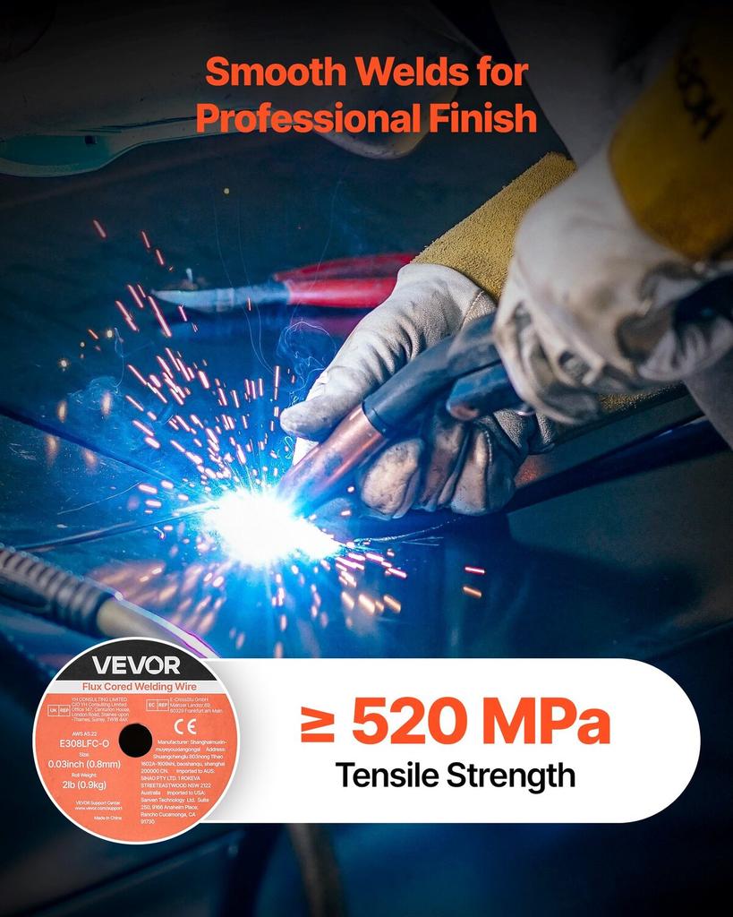 Flux Core MIG Welding Wire, E308LFC-O 0.8mm 0.9kg, Gasless Stainless Steel Welding Wire with Low Spatter for All Position Arc Welding, Self-Shielded