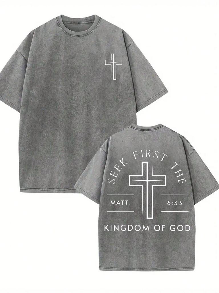 Men'S Christian Faith T-Shirt - First Seek The Kingdom of God & Matthew Bible Verse Print, Retro Streetwear Casual Round Neck Tee with Cross Design